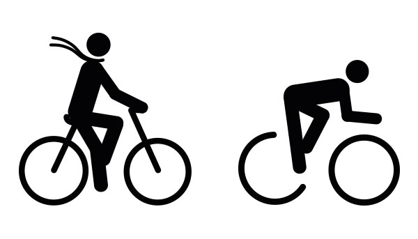 Zwei Piktogramme von Radfahrer-Typen: aufrecht sitzend und gemütlich, vornübergebeugt in Rennhaltung