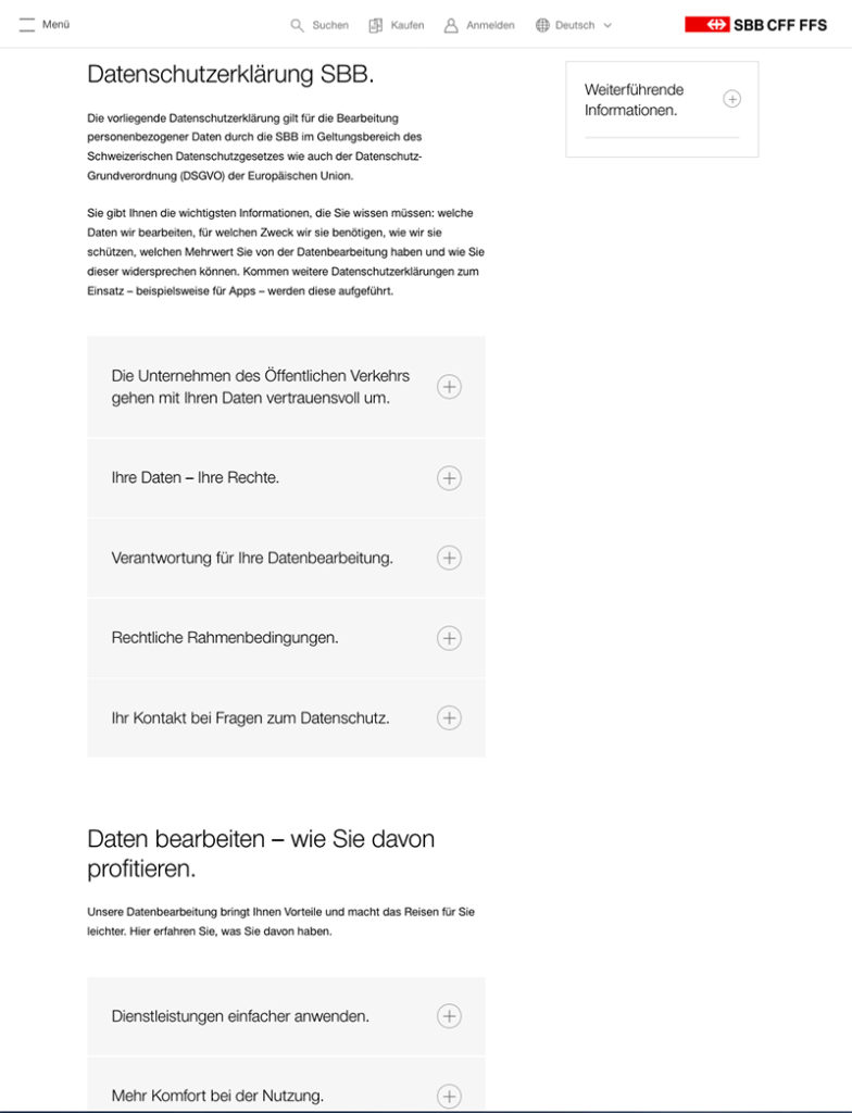 Screenshot der Datenschutzerklärung auf der Webseite der SBB